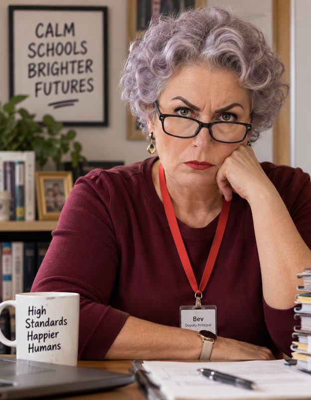 Bev, Acting Deputy Principal, scowling over her glasses at her desk, next to a mug that says High Standards Happier Humans