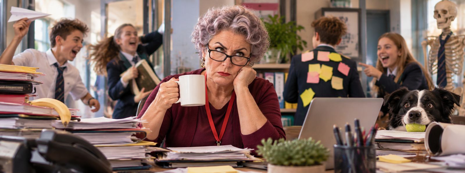 Bev at her desk with a coffee, buried in paperwork, while students throw paper planes and stick notes on each other's backs behind her
